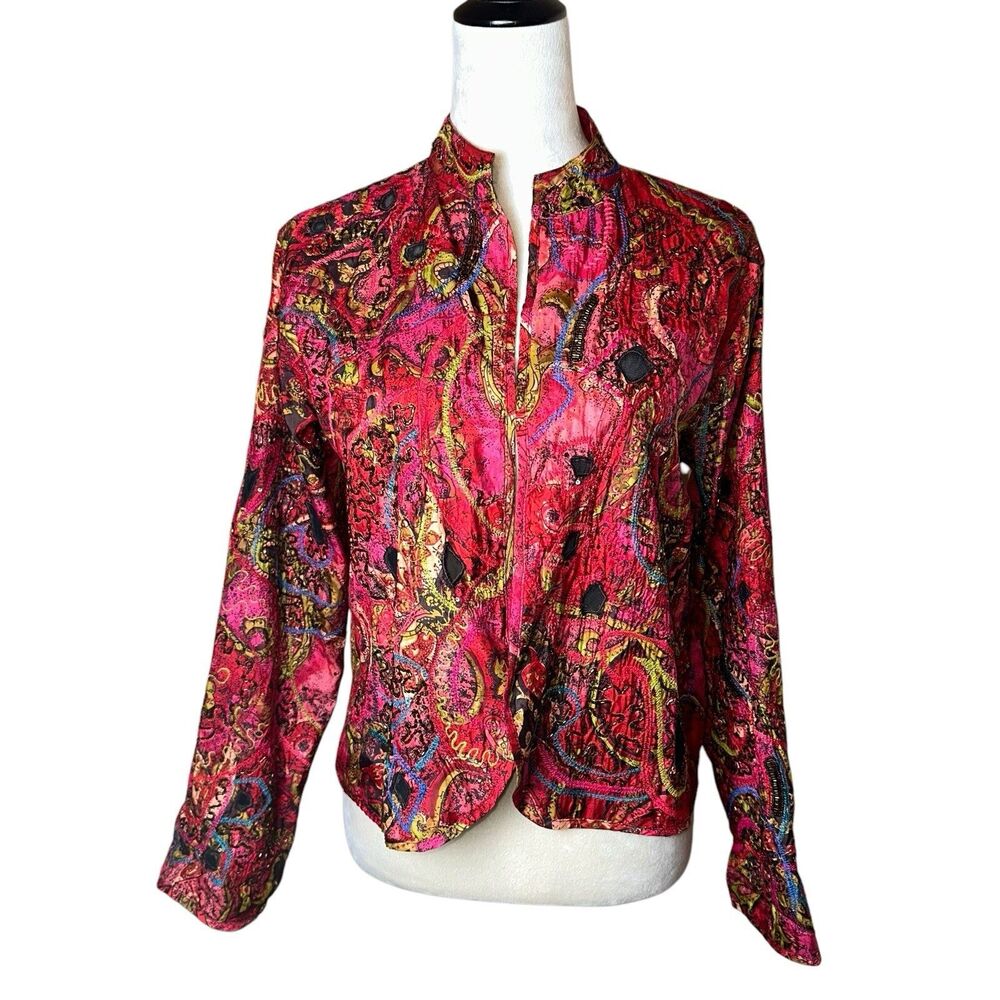 Chico’s 100% Silk Embroidered‎ Beaded Artsy Jacket M | Boho Wearable Art to Wear